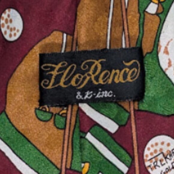 FloRence & K Silk Golf Print Tie Burgundy Green White Polo Sports Classic 59" - Picture 5 of 6